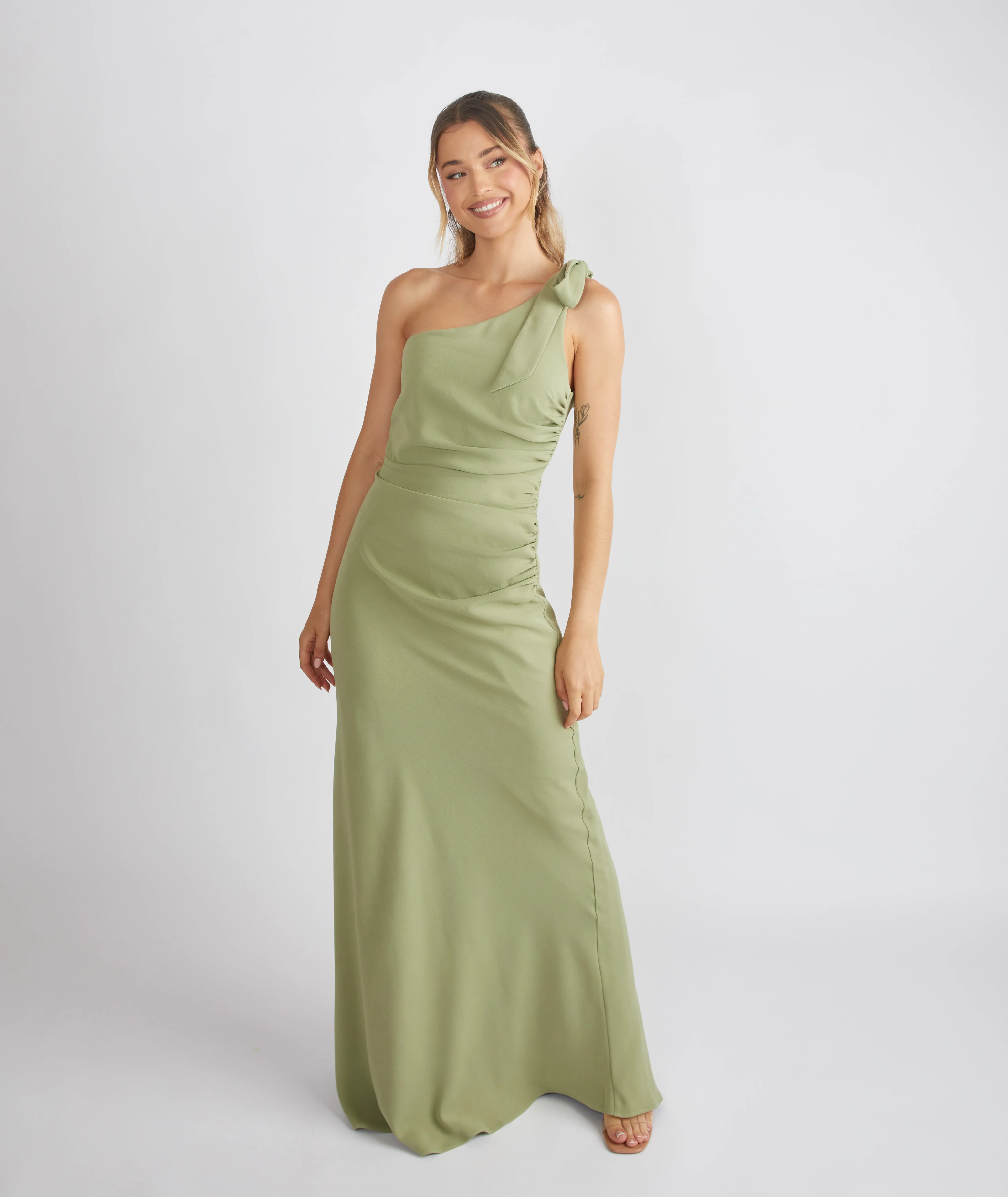 Bow One Shoulder Crepe Bridesmaid Dress - Sage - Image 4