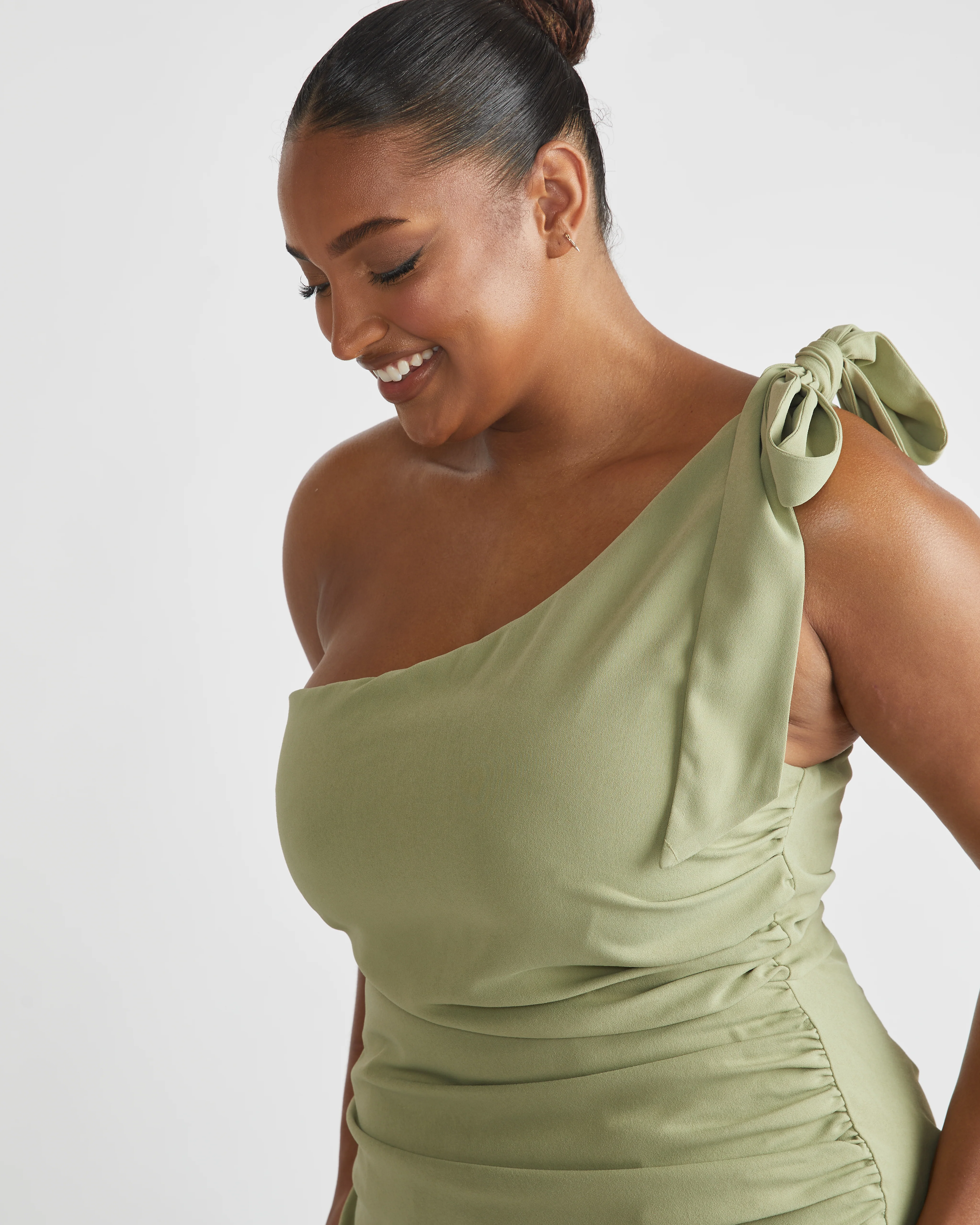 Bow One Shoulder Crepe Bridesmaid Dress - Sage - Image 5