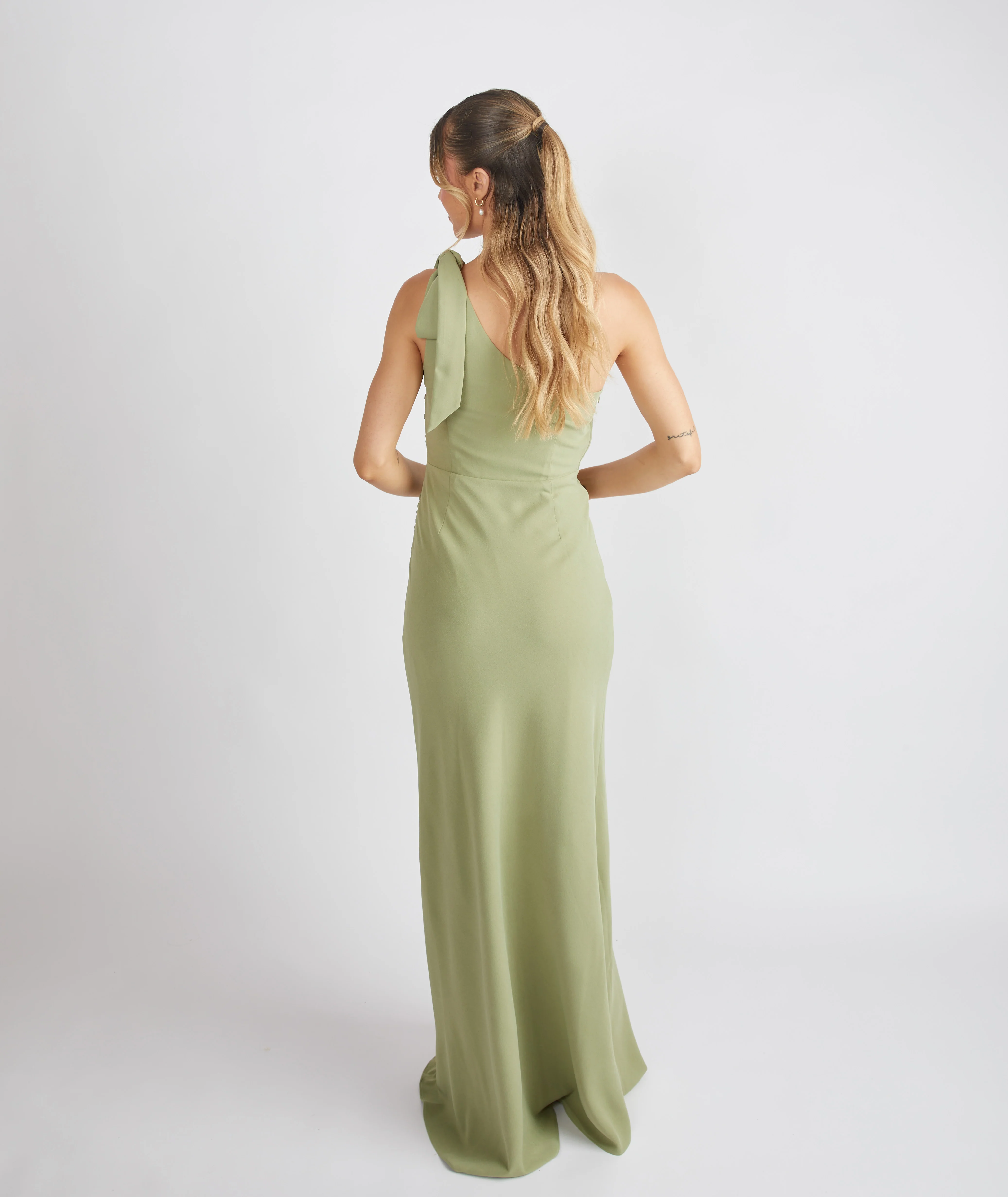 Bow One Shoulder Crepe Bridesmaid Dress - Sage - Image 6