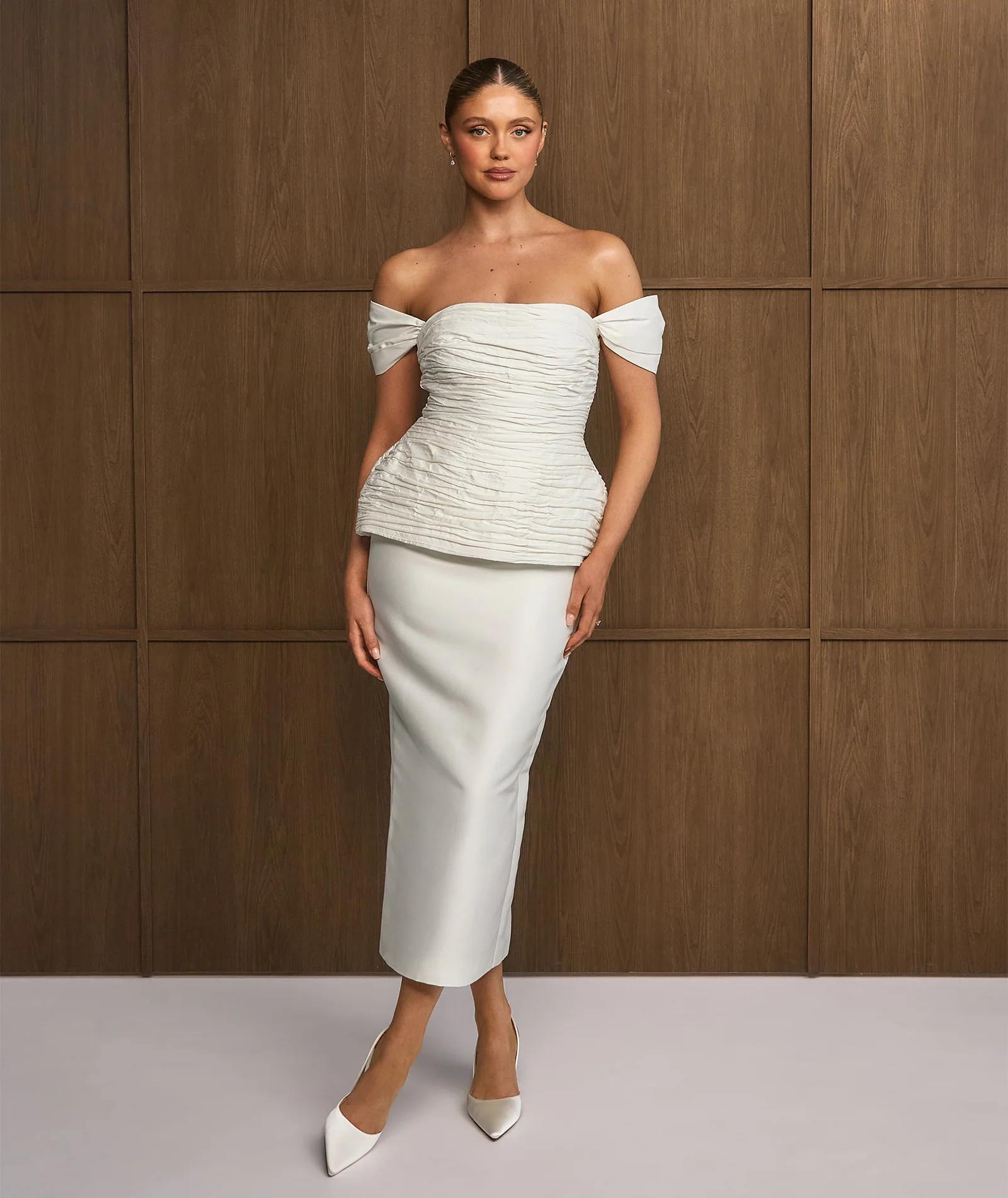 Bardot Peplum Midi Dress - Ivory